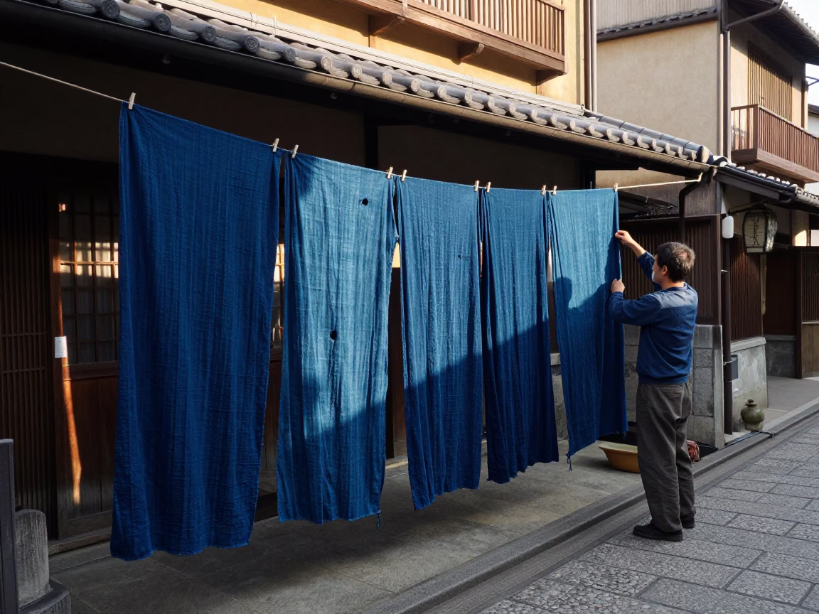 Traditional Indigo Fabric Drying in Sunlight Along Kyoto Japan Street Late Afternoon in in Kyoto, Japan