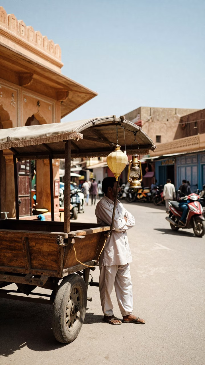 Traditional Jaipur Street Scene with Lantern and Local Commerce in Bright Midmorning Light in in Jaipur, India