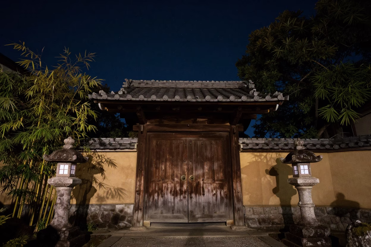 Traditional Japanese Garden Gate Under Deep Night Sky in Kyoto Japan in in Kyoto, Japan