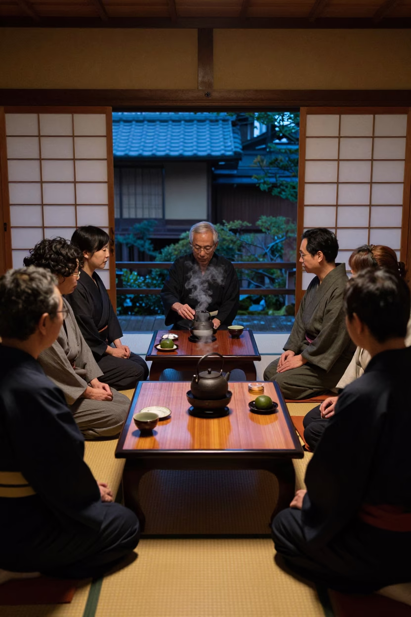 Traditional Japanese Tea Ceremony in Kyoto Evening with Mochi and Ceramics in in Kyoto, Japan