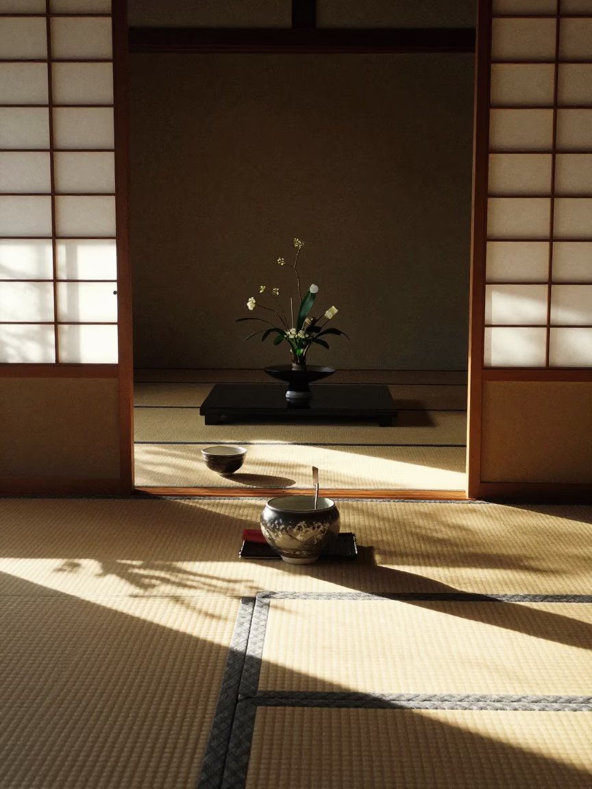Traditional Japanese Tea Ceremony Interior with Ceramic Ware in Late Afternoon Light in in Kyoto, Japan