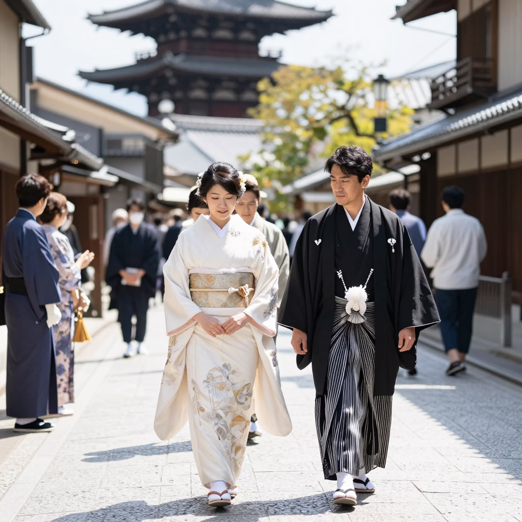 Traditional Japanese Wedding Procession Walking Through Bright Midmorning Kyoto Streets in in Kyoto, Japan