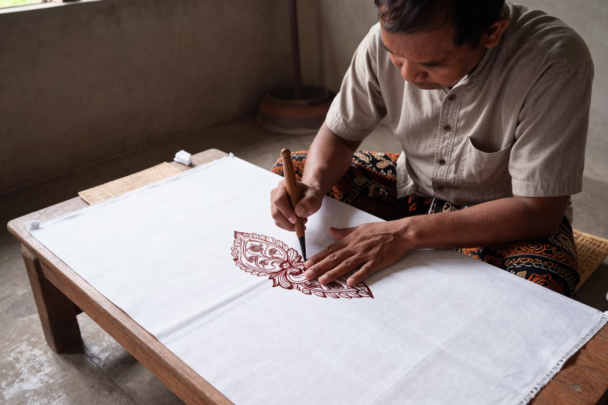 Traditional Javanese Batik Artisan Demonstrating Wax Drawing Techniques in Yogyakarta Workshop in in Yogyakarta, Indonesia