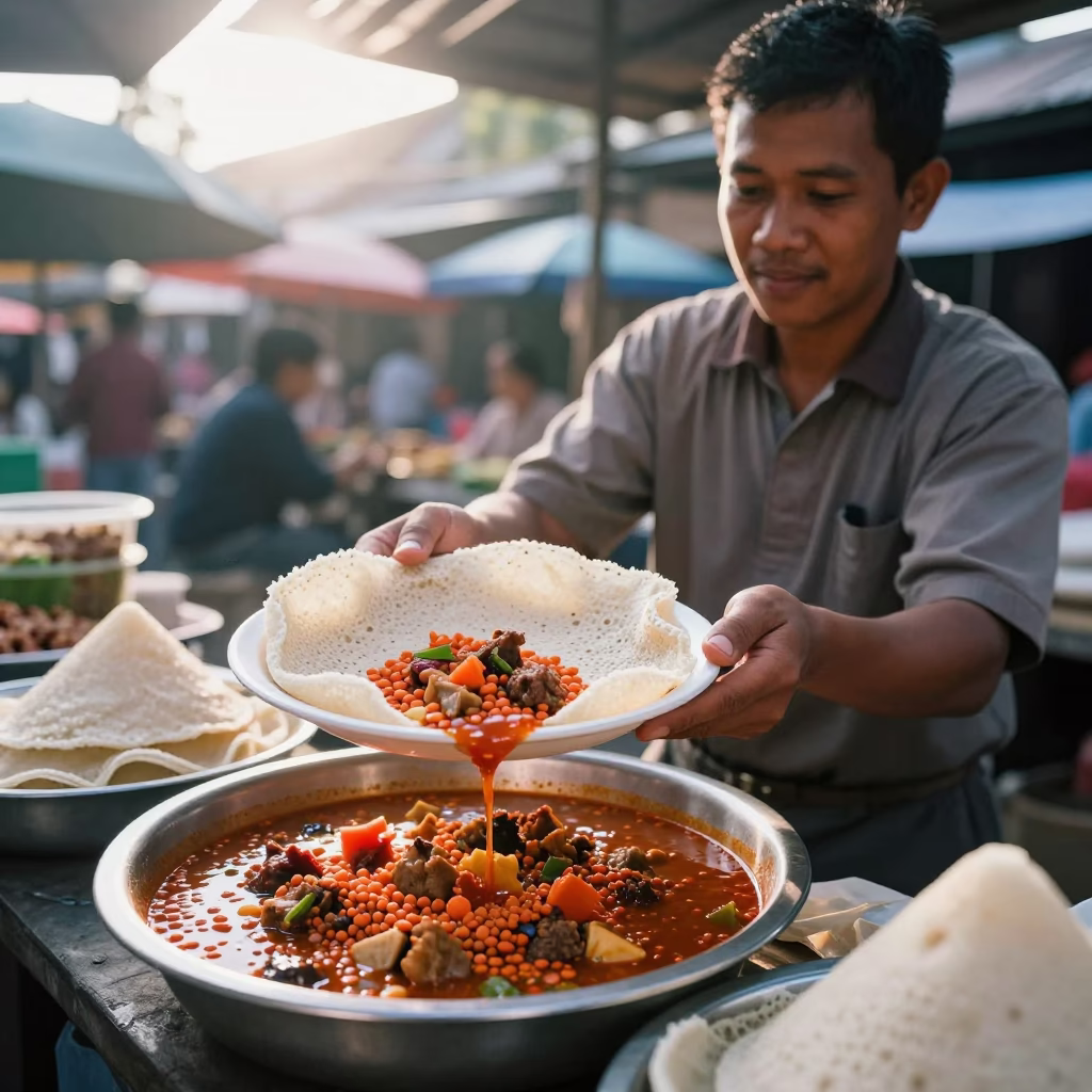 Traditional Javanese Morning Market Scene with Injera and Stew in Yogyakarta Indonesia in in Yogyakarta, Indonesia