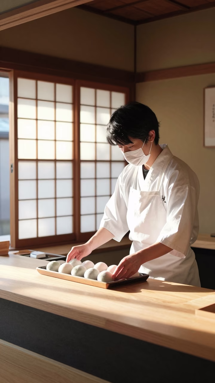 Traditional Kyoto Mochi Shop Interior Late Morning Natural Light in in Kyoto, Japan