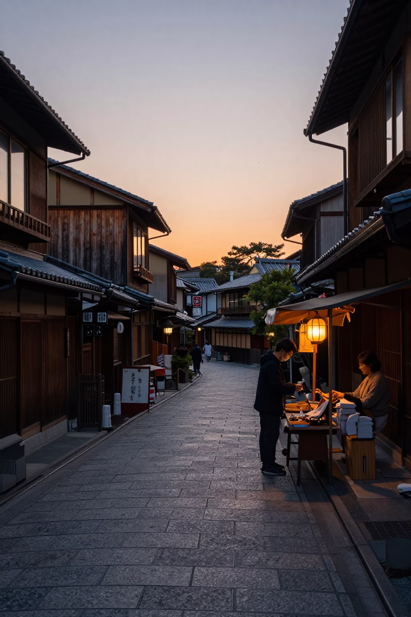 Traditional Kyoto Street Scene at Dusk with Local Vendor and Wooden Shopfront in in Kyoto, Japan