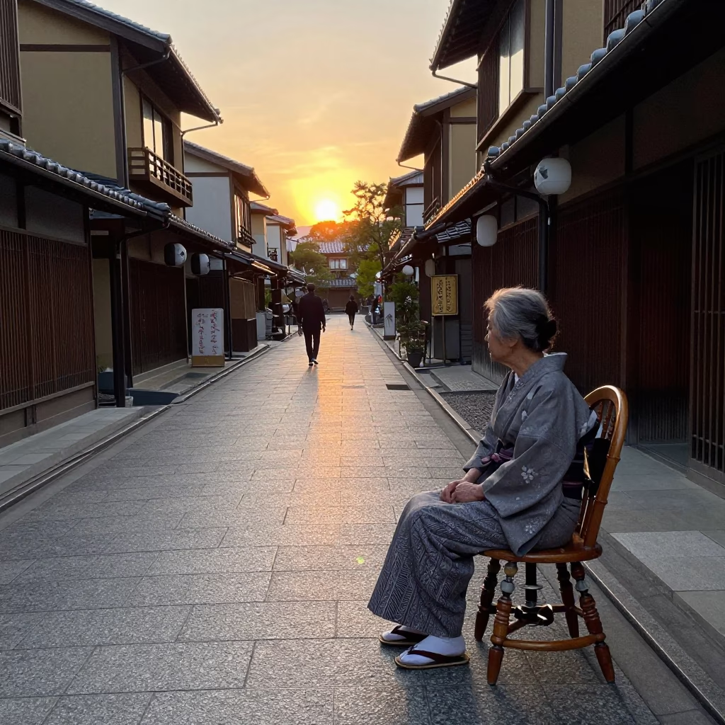 Traditional Kyoto Street Scene at Dusk with Spindle Chair and Coffee Mugs in in Kyoto, Japan
