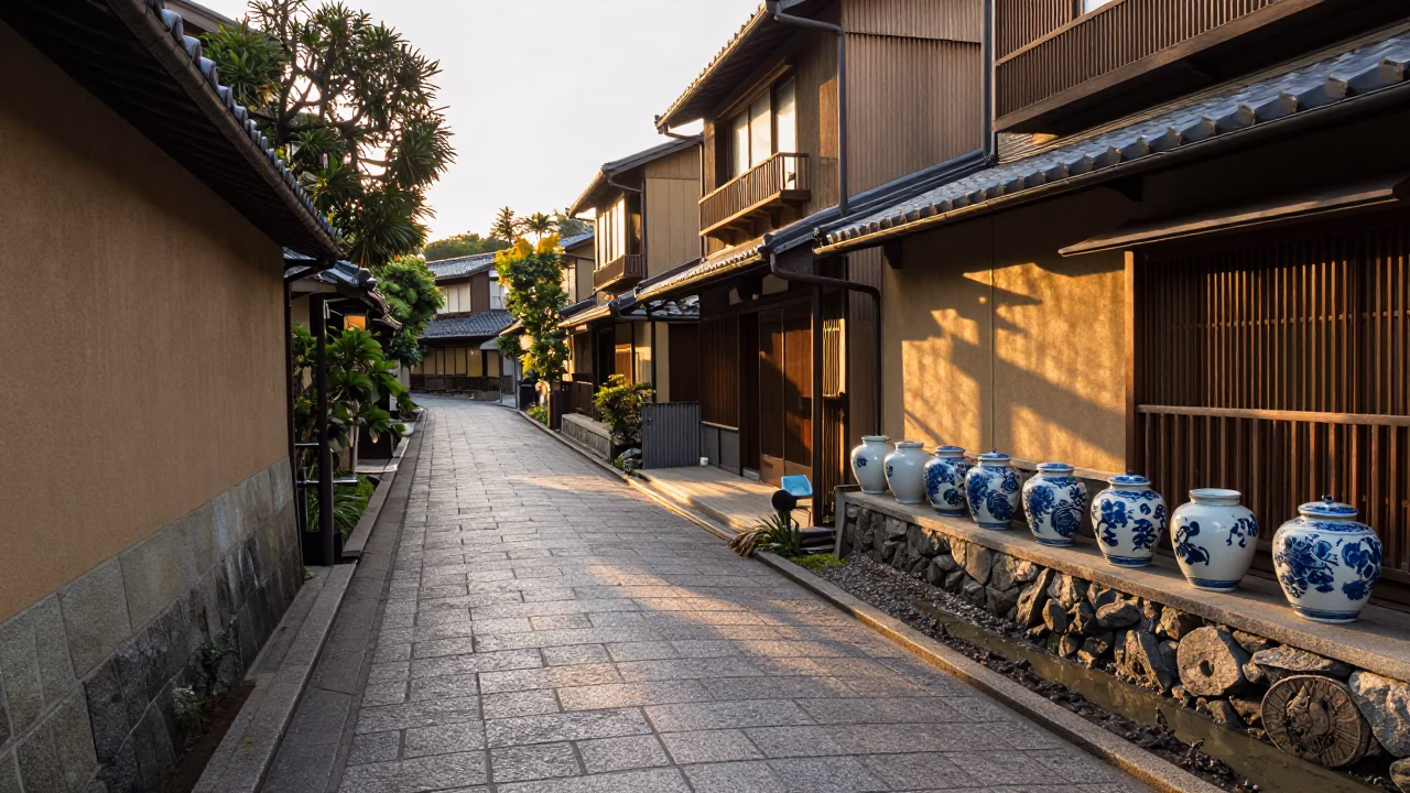 Traditional Kyoto Street Scene at Sunset with Porcelain Jars and Muddy Canal Edge in in Kyoto, Japan