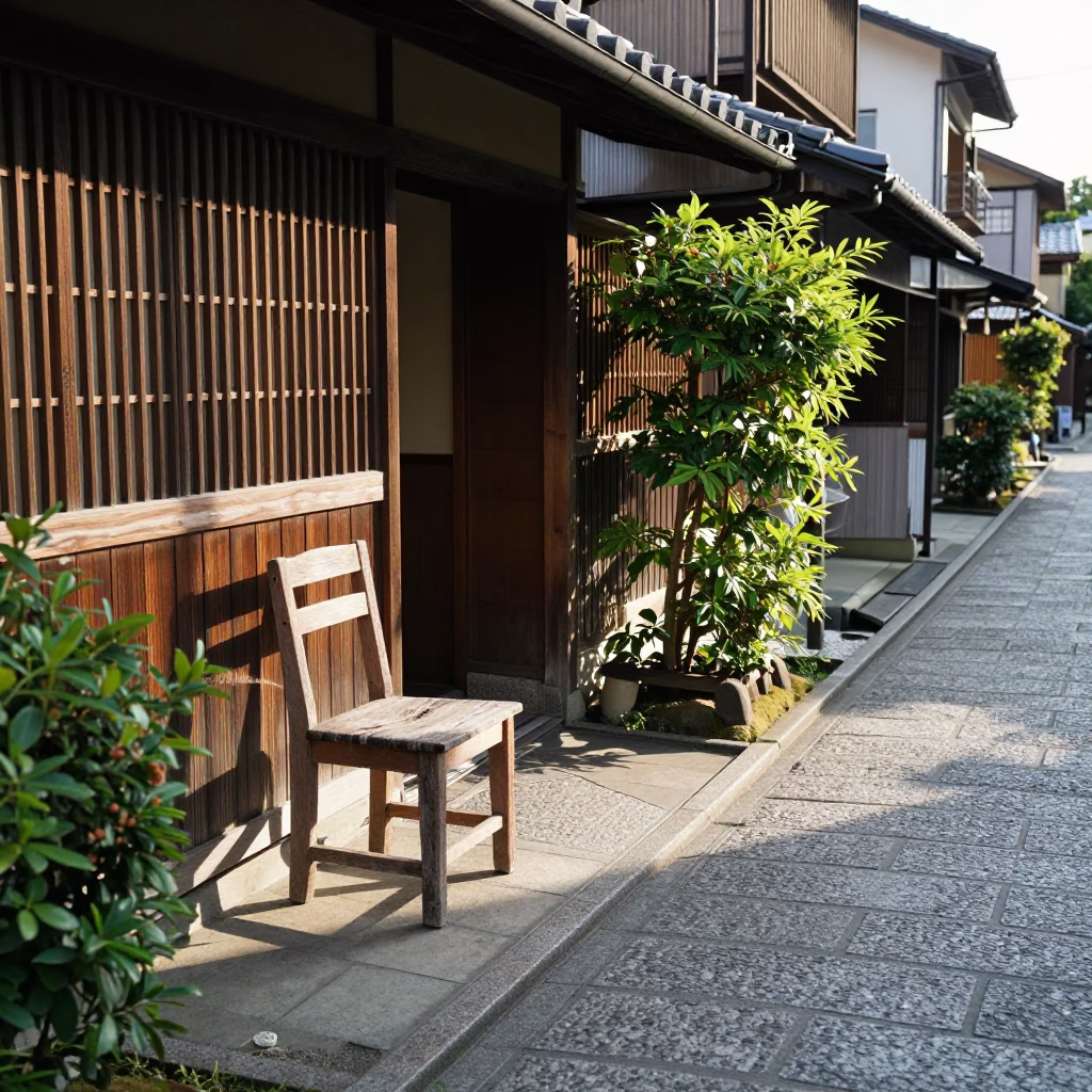 Traditional Kyoto Street Scene with Wooden Chair and Greenery in Early Afternoon Light in in Kyoto, Japan