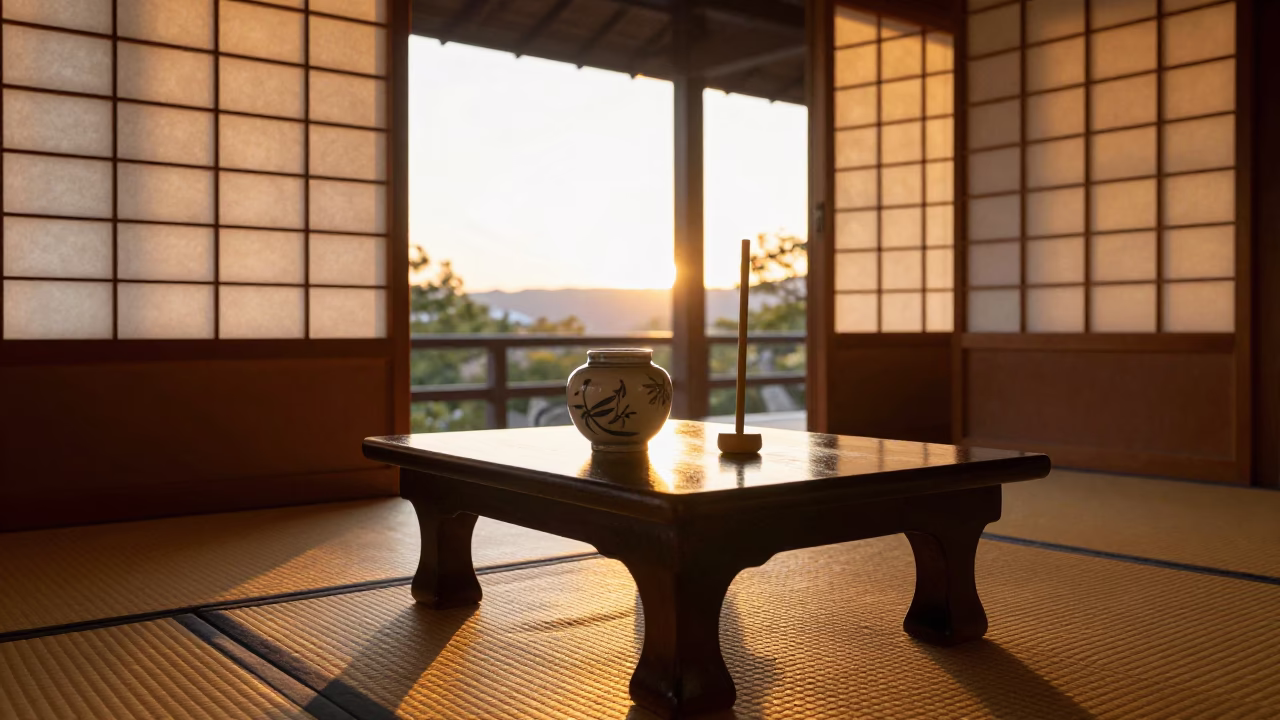 Traditional Kyoto Tea Ceremony Porcelain Jar and Rake Head at Sunset in in Kyoto, Japan