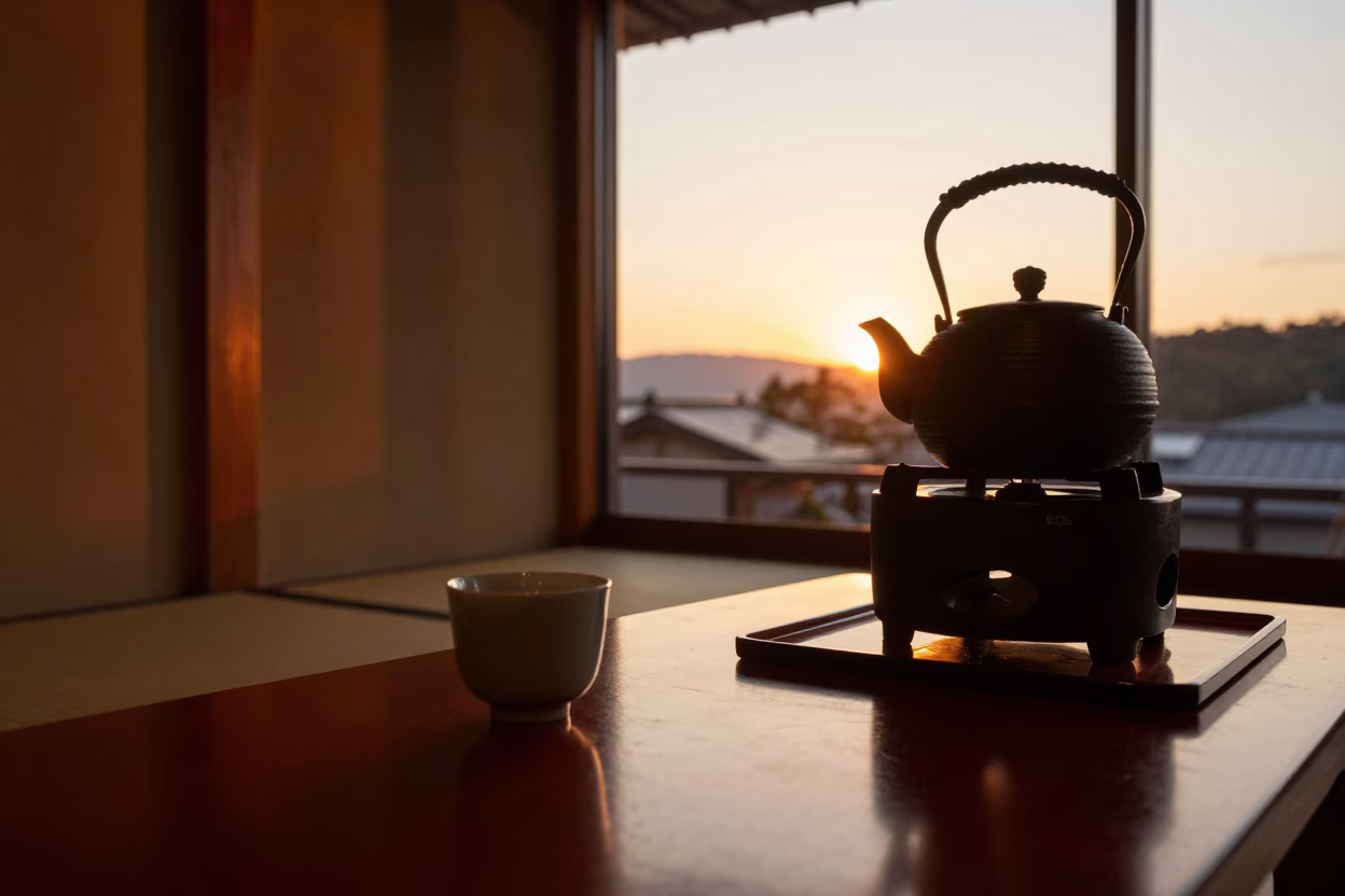 Traditional Kyoto Tea House Interior at Sunset with Ceramic Mug and Kettle in in Kyoto, Japan