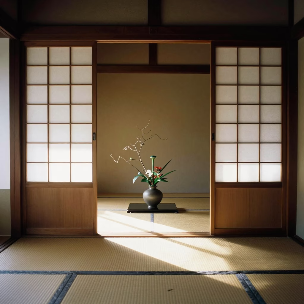 Traditional Kyoto Tea House Interior with Ikebana Alcove and Morning Light in in Kyoto, Japan