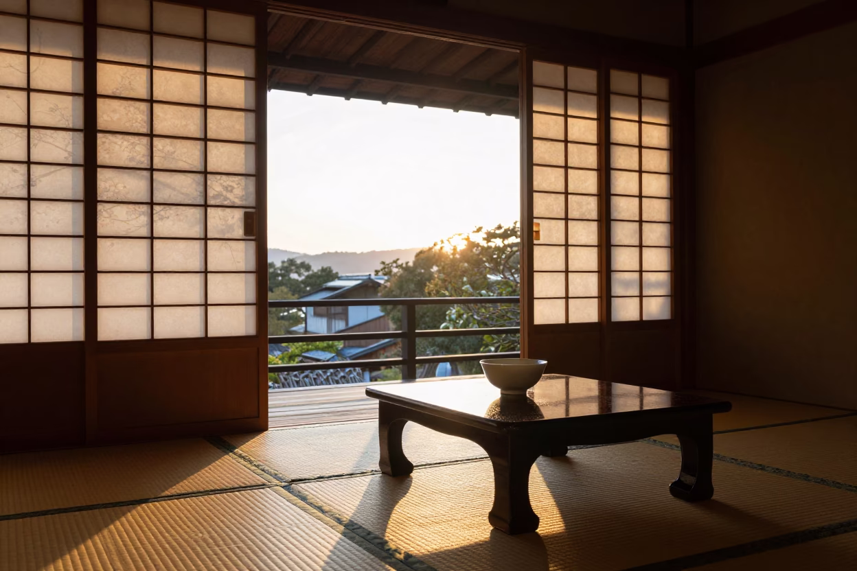Traditional Kyoto Tea House Interior with Sunlight and Floral Arrangement at Dusk in in Kyoto, Japan