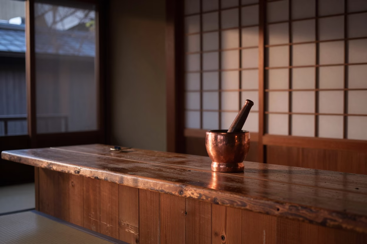 Traditional Kyoto Teahome Interior with Mortar Pestle in Copper Dusk Light in in Kyoto, Japan
