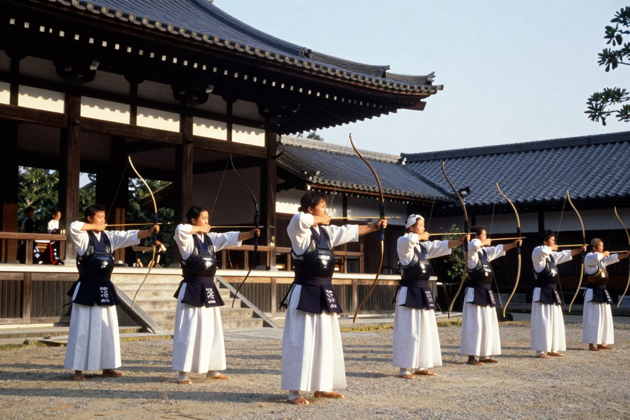 Traditional Kyudo Archery Contest in Late Afternoon Light at Kyoto Shrine Grounds in in Kyoto, Japan