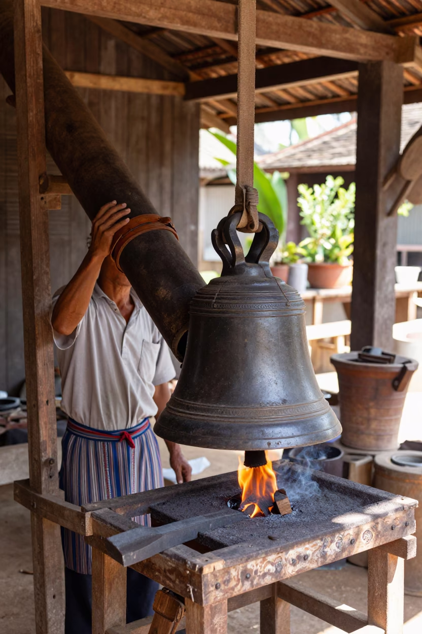 Traditional Lao Bellows Blowing Fire for Blacksmithing in Luang Prabang Laos Midday in in Luang Prabang, Laos