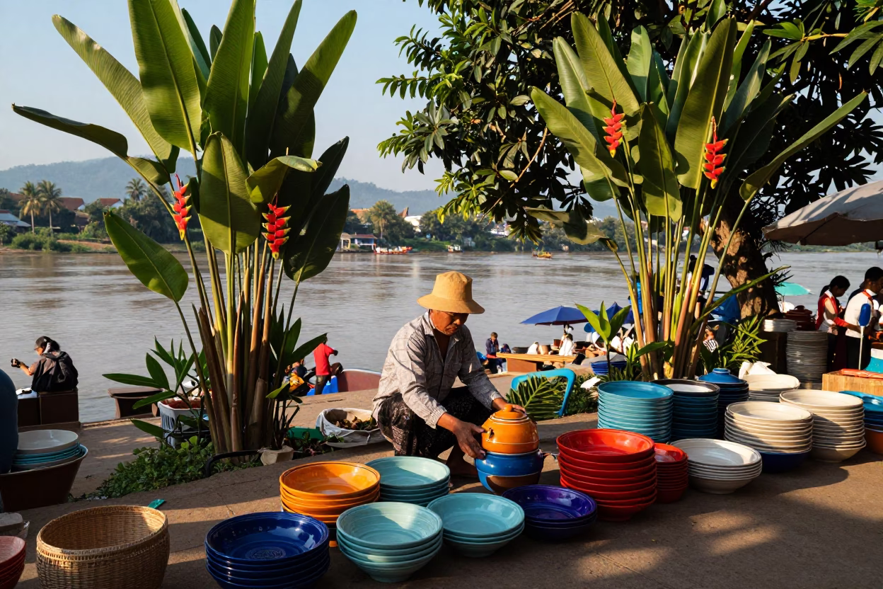 Traditional Lao Market Scene in Luang Prabang Late Afternoon with Serving Bowls in in Luang Prabang, Laos