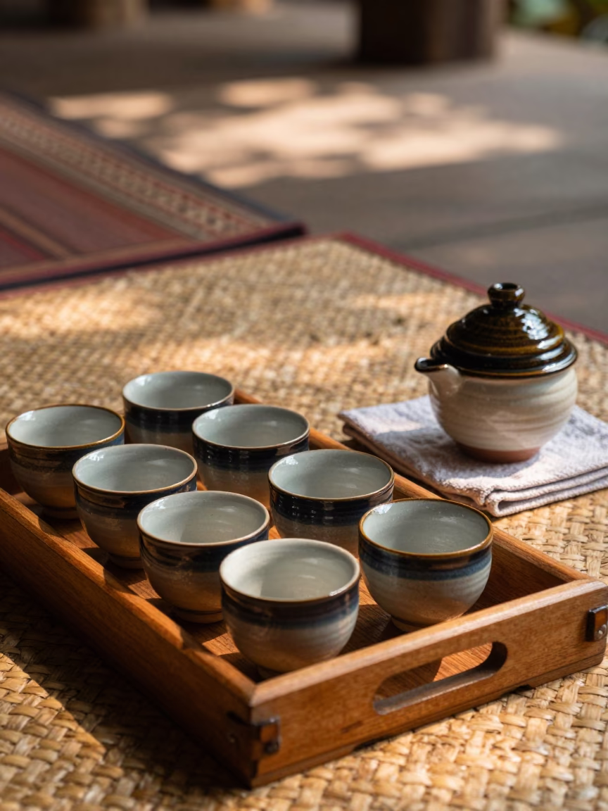 Traditional Lao Tea Service with Ceramic Egg Cups in Luang Prabang in in Luang Prabang, Laos