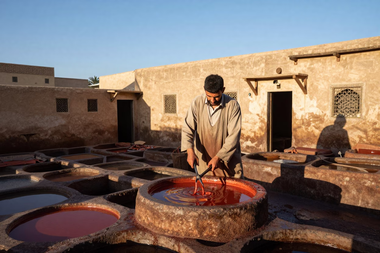 Traditional Leather Tannery Worker Using Shears in Fez Morocco Late Afternoon Light in in Fez, Morocco