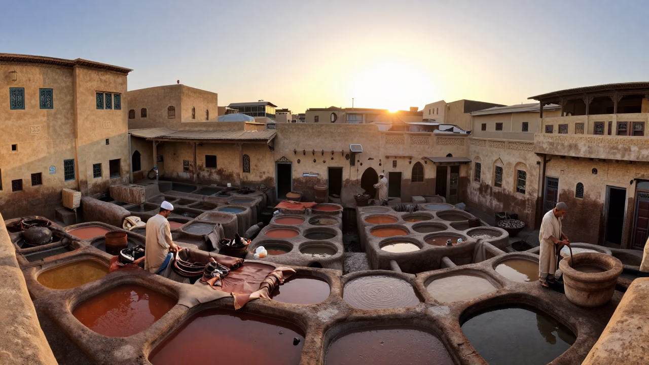 Traditional Leather Tannery Workers in Fez Morocco Amidst Honeyed Evening Light in in Fez, Morocco