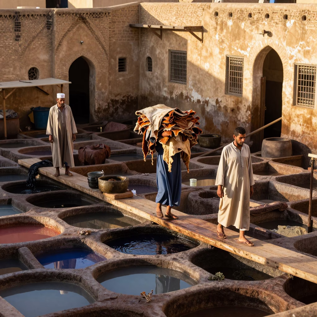 Traditional Leather Tannery Workers in Fez Morocco Early Afternoon Sunlight in in Fez, Morocco