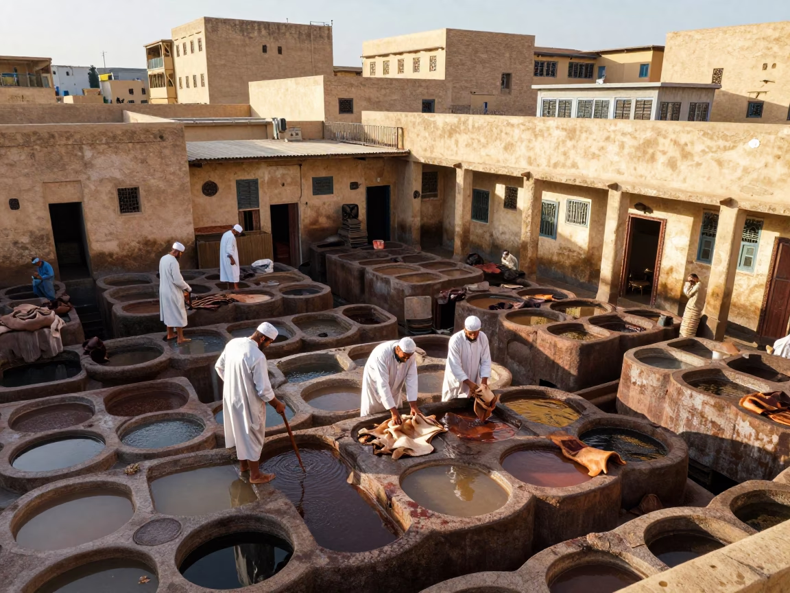 Traditional Leather Tannery Workers Processing Hides in Fez Morocco Early Afternoon in in Fez, Morocco