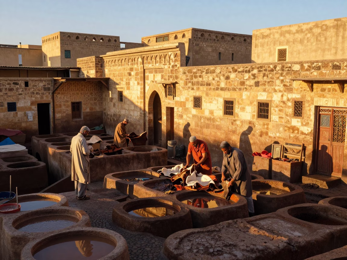 Traditional Leather Tannery Workers Sorting Hides at Sunset in Fez Morocco in in Fez, Morocco