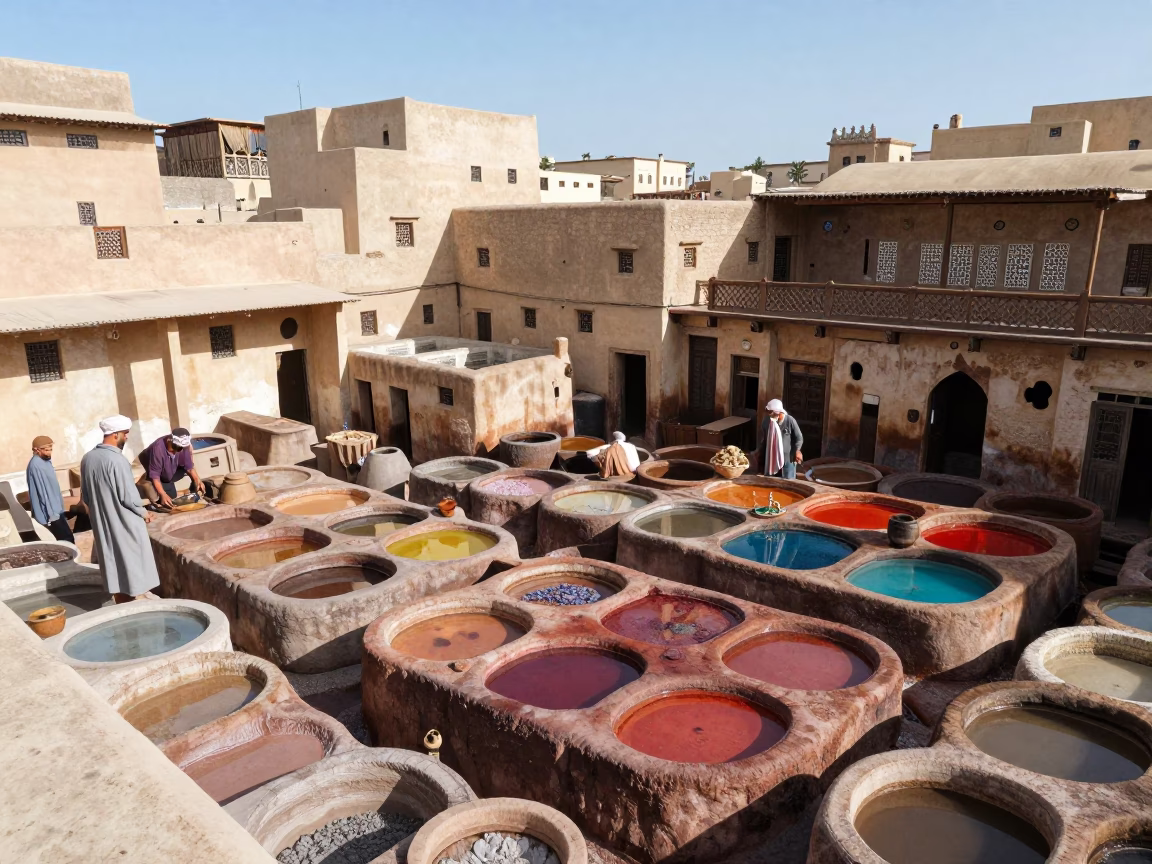 Traditional Leather Tanning Pits in Fez Morocco Midmorning Sunlight Colorful Dyes in in Fez, Morocco