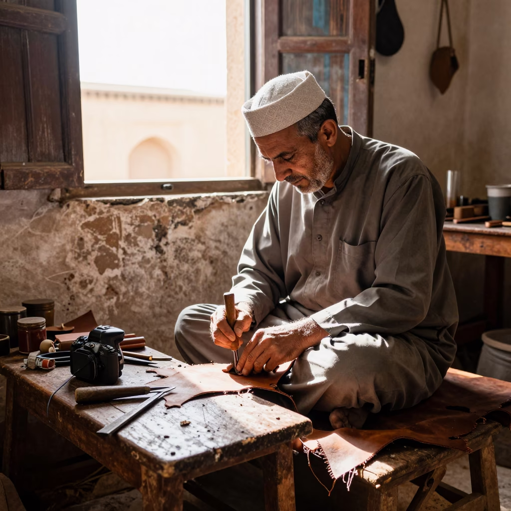 Traditional Leatherworking in Essaouira Medina with Awl and Workbench in in Essaouira, Morocco