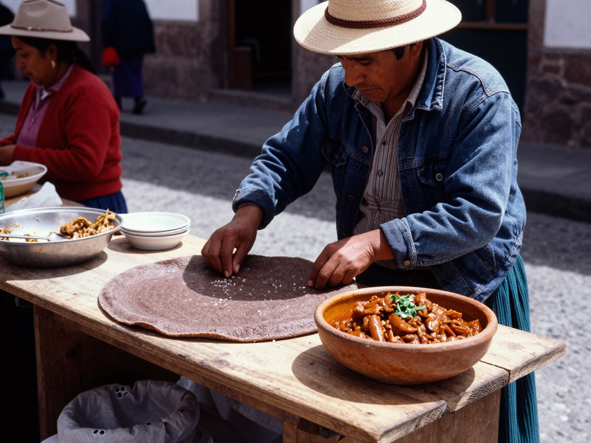 Traditional Market Stall in Cusco Peru with Injera and Doro Wat in in Cusco, Peru
