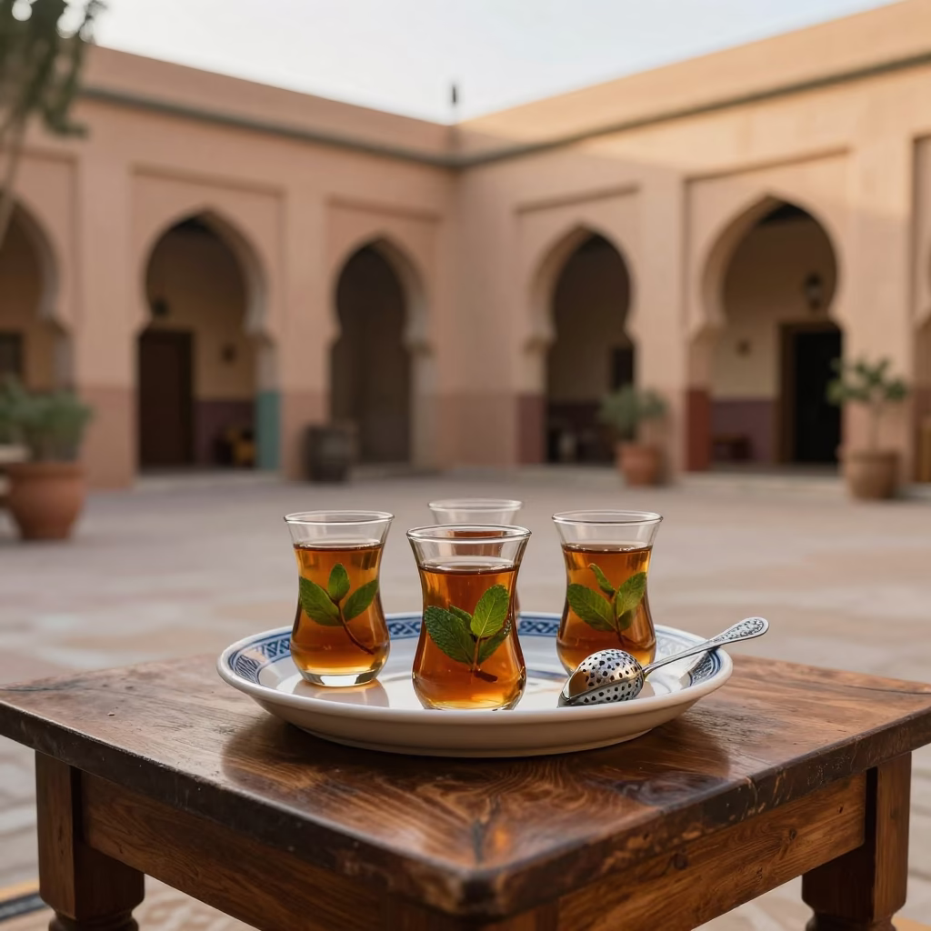 Traditional Mint Tea Service in Essaouira Medina Courtyard During Golden Hour in in Essaouira, Morocco