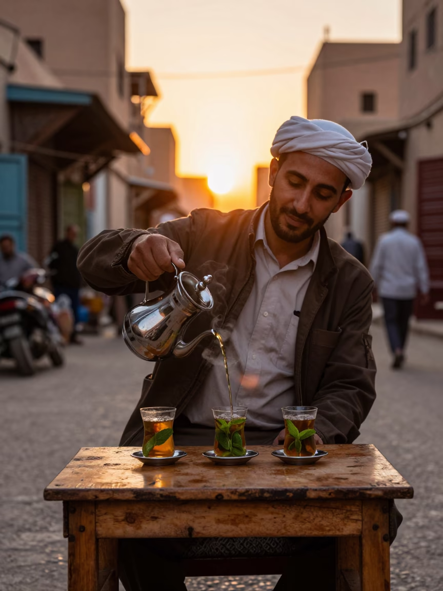 Traditional Mint Tea Service in Fez Medina at Sunset with Copper Teapot in in Fez, Morocco