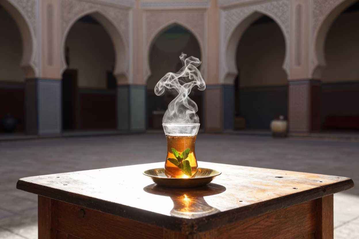 Traditional Mint Tea Service in Fez Medina Courtyard Late Morning Light in in Fez, Morocco