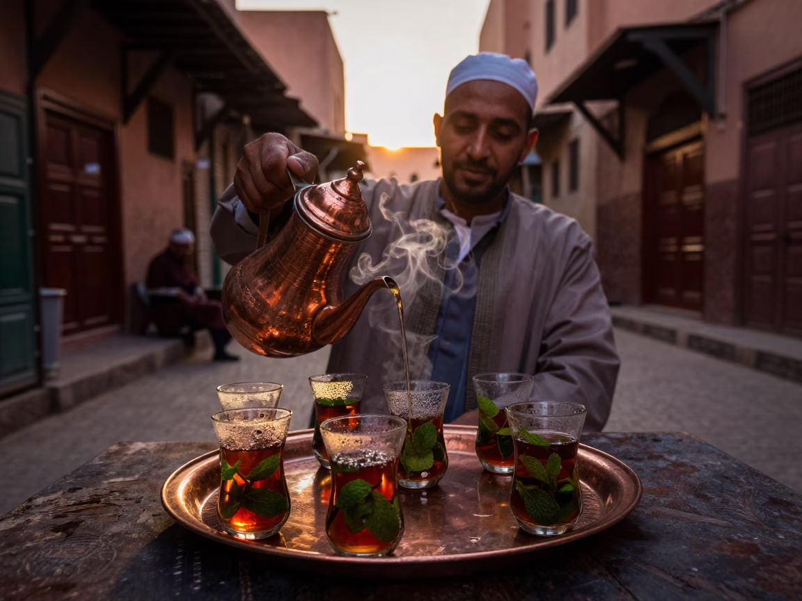 Traditional Mint Tea Service in Marrakech Souk Before Dusk Copper Light in in Marrakech, Morocco