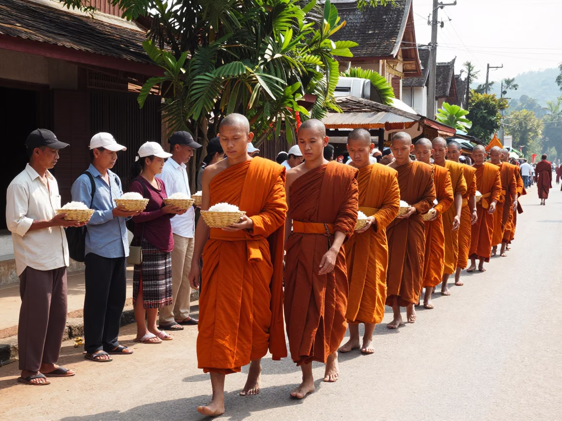 Traditional Monk Procession in Luang Prabang Laos Midmorning Light in in Luang Prabang, Laos