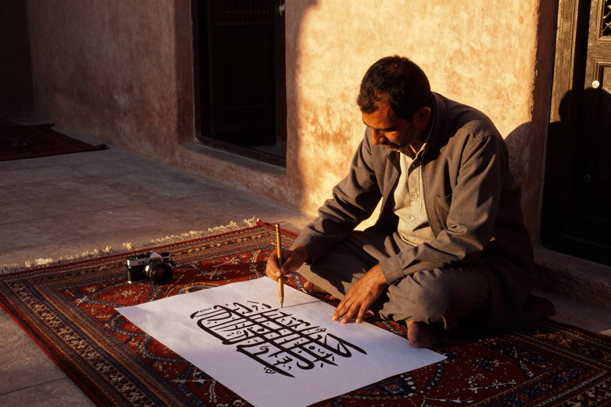 Traditional Moroccan Calligraphy Demonstration in Marrakech Medina During Honeyed Evening Light in in Marrakech, Morocco