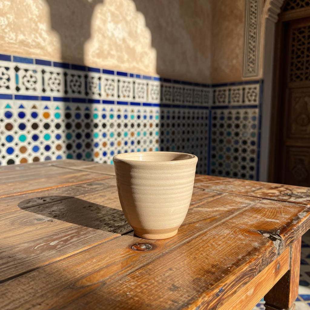 Traditional Moroccan Ceramic Cup on Wooden Table in Fez Medina Courtyard Early Afternoon in in Fez, Morocco