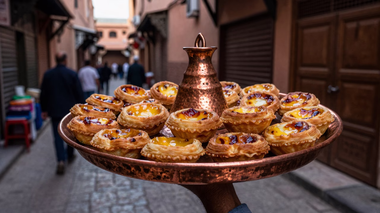 Traditional Moroccan Copper Tray with Pastries in Marrakech Souk Before Dusk in in Marrakech, Morocco