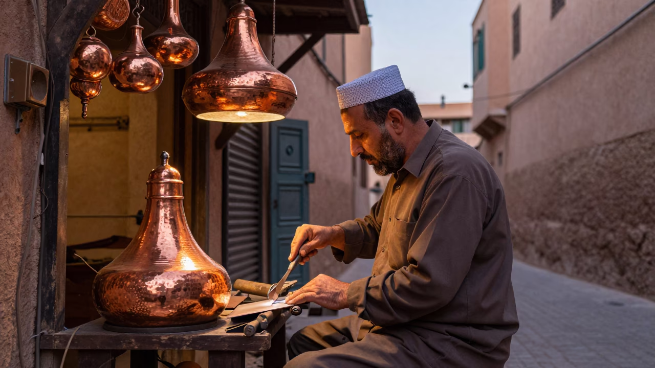 Traditional Moroccan Copper Workshop in Fez Old Medina During Golden Hour in in Fez, Morocco