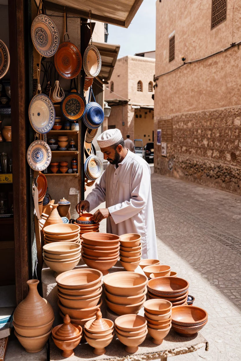 Traditional Moroccan Craftsmanship in Fez Medina with Terracotta Bowls and Broom in in Fez, Morocco