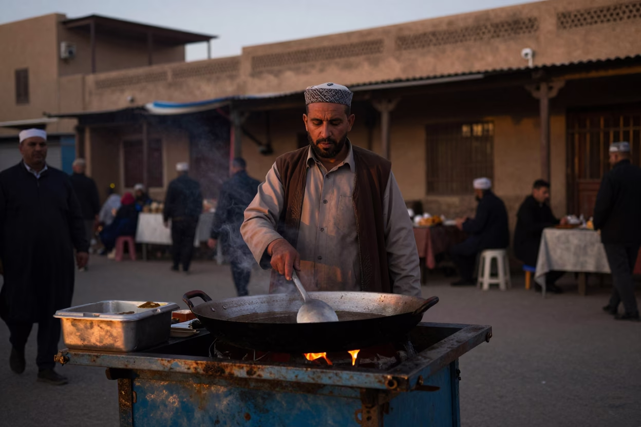 Traditional Moroccan Culinary Scene in Fez Early Evening with Skillet and Sweets in in Fez, Morocco