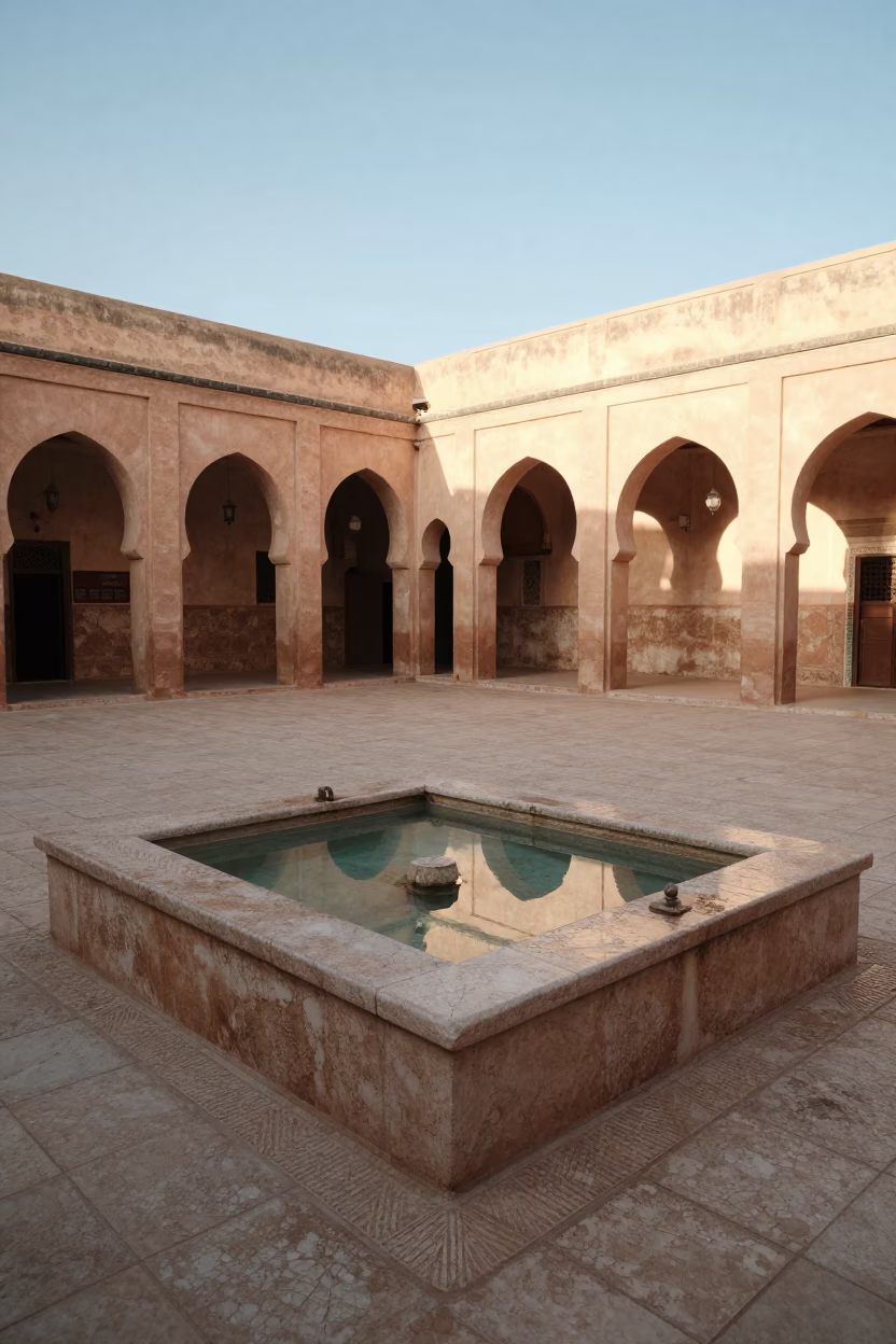 Traditional Moroccan Fountain Basin in Fez Medina Courtyard Afternoon Light in in Fez, Morocco