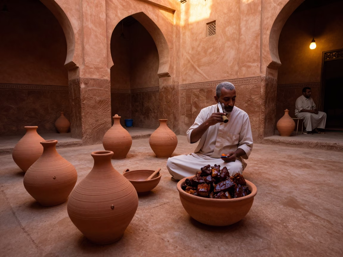 Traditional Moroccan Hammam Interior with Clay Pots and Tamarind Tree in Honeyed Evening Light in in Marrakech, Morocco