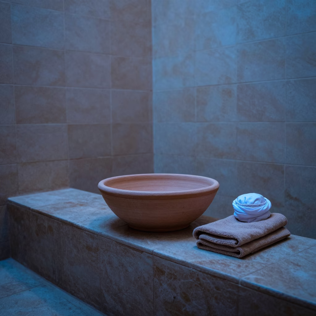 Traditional Moroccan Hammam Ritual with Ceramic Basin and Linen Towel in Fez Before Dawn in in Fez, Morocco