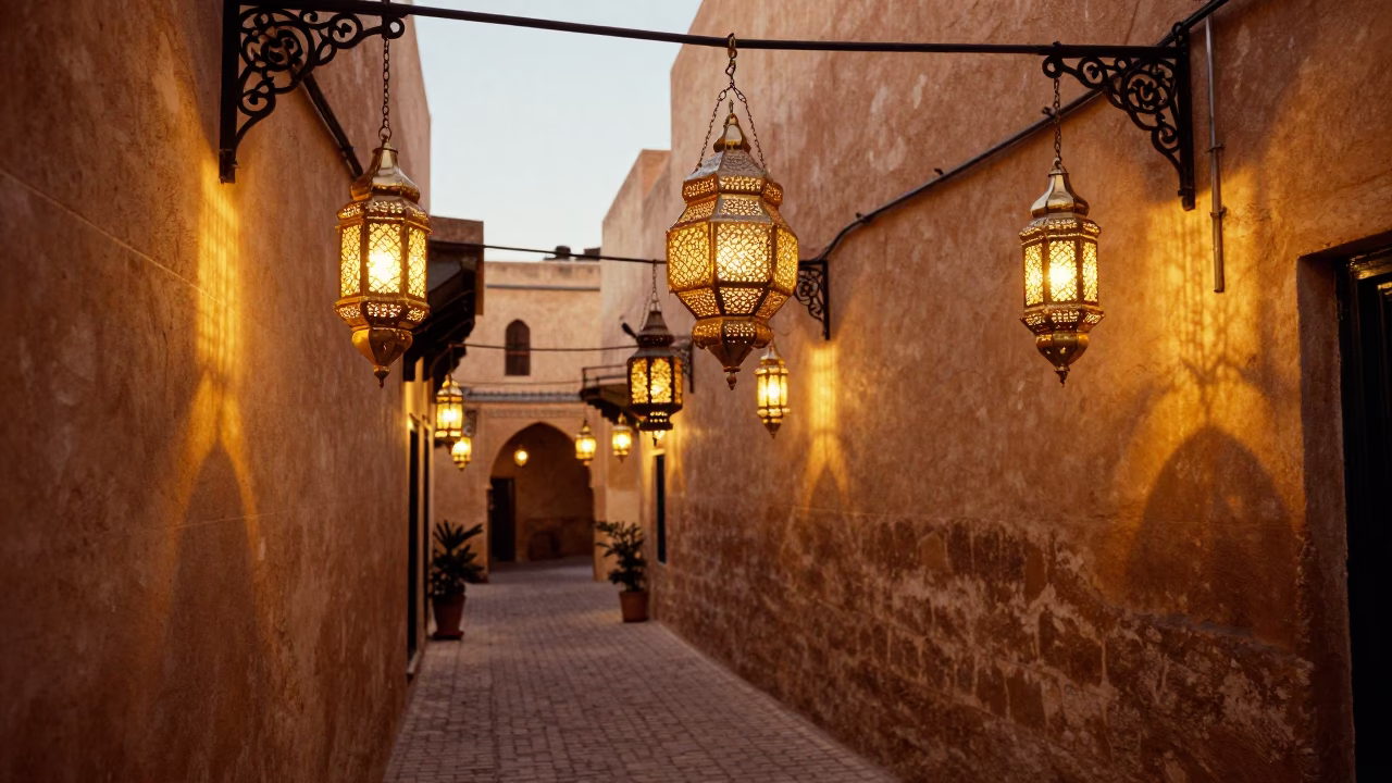 Traditional Moroccan Lanterns Hanging in Fez Medina Alleyway During Golden Hour in in Fez, Morocco