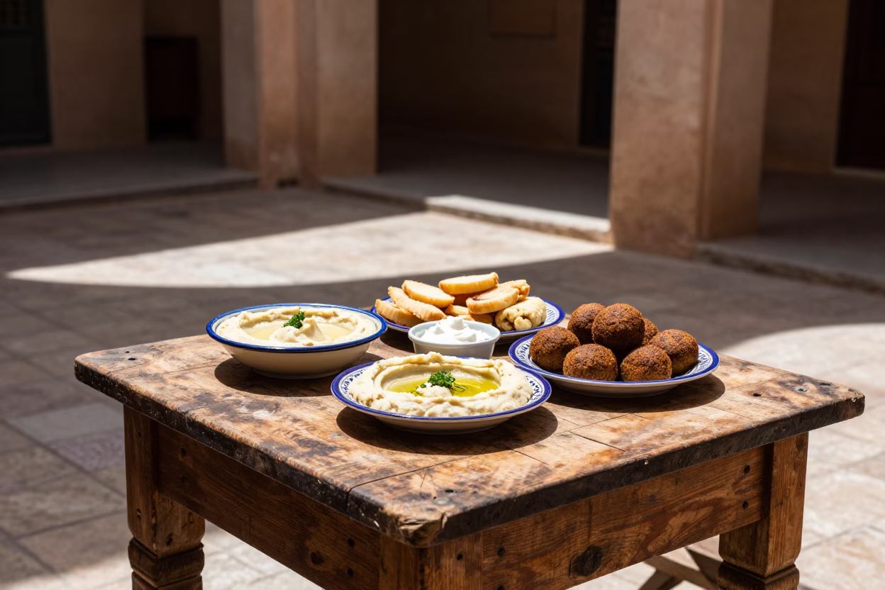 Traditional Moroccan Mezze Platter with Hummus and Falafel in Fez Medina in in Fez, Morocco
