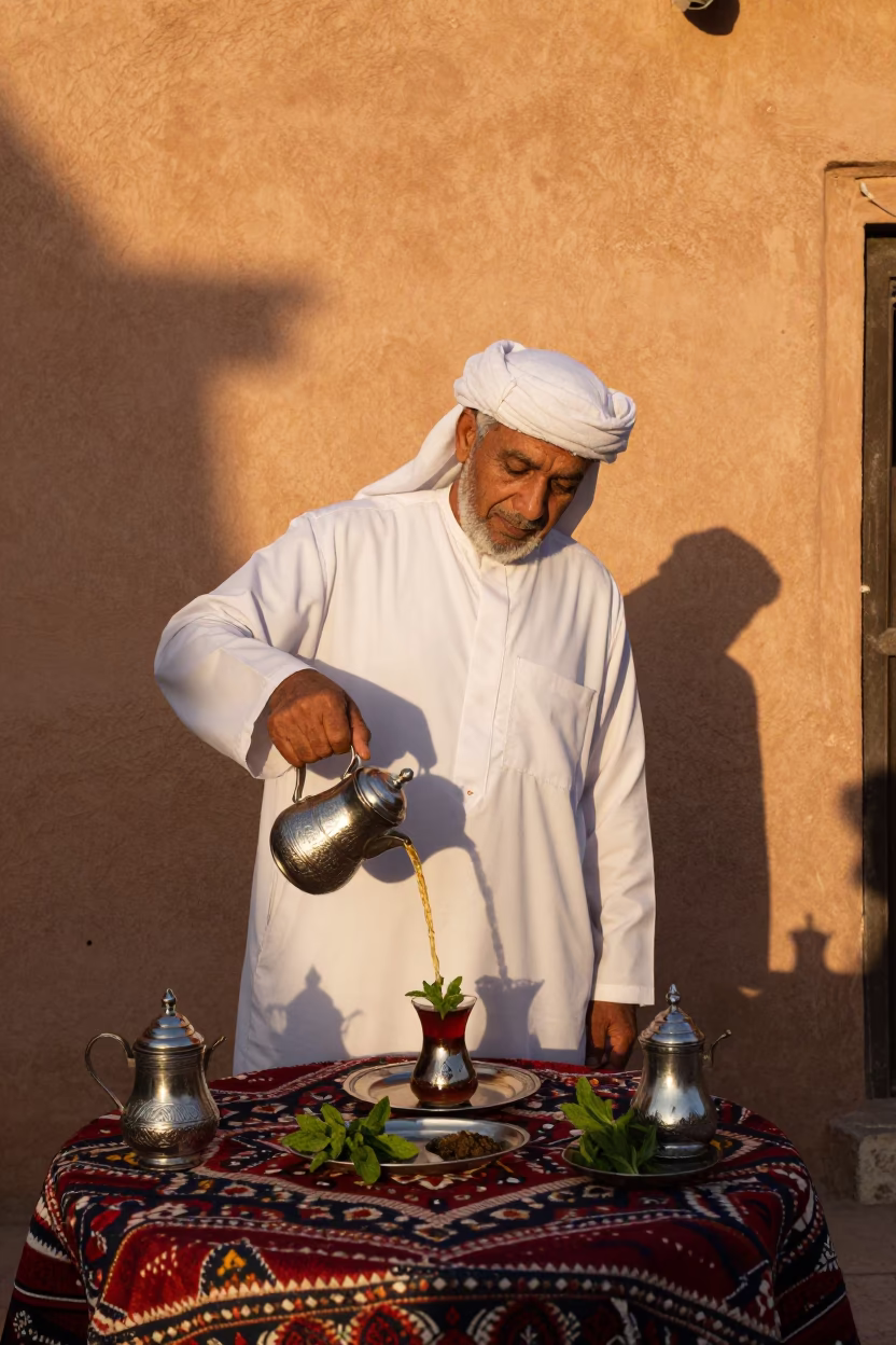 Traditional Moroccan Mint Tea Service and Spices in Marrakech Medina at Dusk in in Marrakech, Morocco