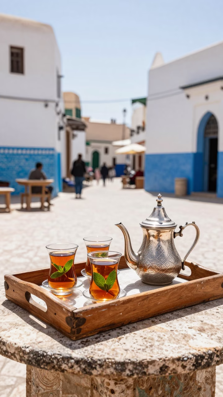 Traditional Moroccan Mint Tea Service in Bright Midmorning Light in Essaouira Morocco in in Essaouira, Morocco