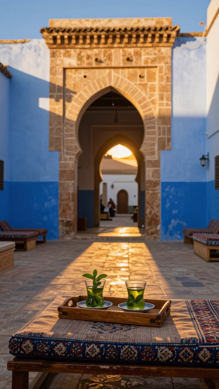 Traditional Moroccan Mint Tea Service in Essaouira Medina Courtyard at Golden Hour in in Essaouira, Morocco