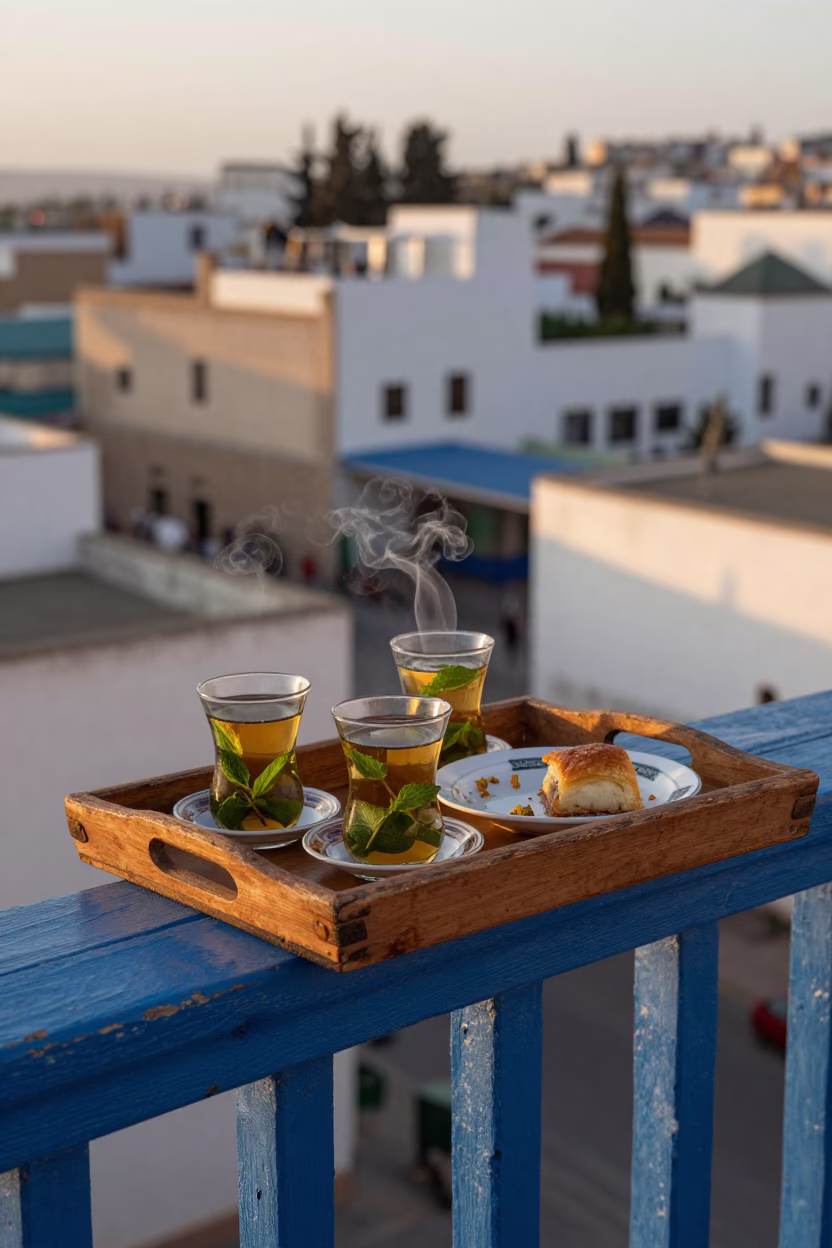 Traditional Moroccan Mint Tea Service on Blue Balcony at Sunset in Essaouira in in Essaouira, Morocco